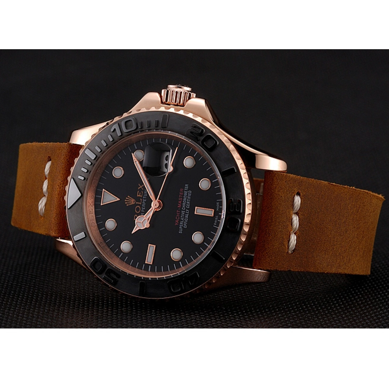 Aaa replica watch Bracelet Master Gold Brown 1453861 Case Dial Rose Leather Rolex Black Yacht 0602
